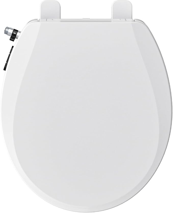 Clirass Bidet Toilet Seat, Soft Close Toilet Seat, Button control Feminine/Posterior Wash Switch, Knob Control Water Pressure,White (White/ROUND Black Silver Buttons, Round)