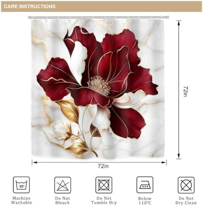 Burgundy Red Maroon Marble Floral 4Pcs Bathroom Shower Curtain Set with Rug