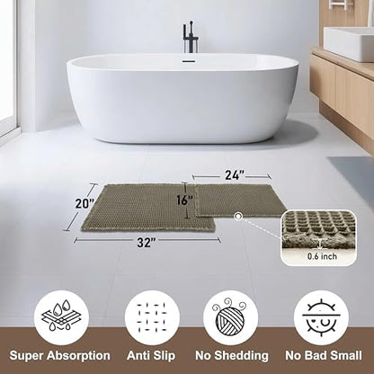 JIUZHEN Set of 2 Waffle Bath Mats Boho Bath Rugs 16x24&20x32, Olive Green