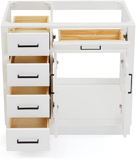ARIEL Hepburn 36-inch Bathroom Vanity Base Cabinet,Solid Wood, 2 Soft Closing Doors, 5 Dovetail Drawers, White