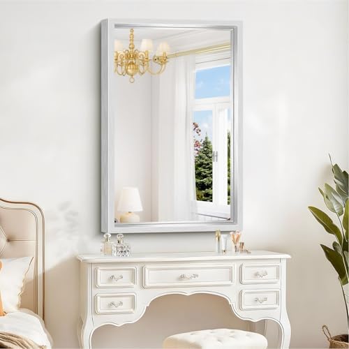 24 x 36 inch Brushed Silver Bathroom Mirror, Metal Framed Rectangle Mirror, 0.6" Thickened Deep Frame Mirrors for Living Room Bedroom Entryway, Tempered Glass, Antirust, Horizontal or Vertical