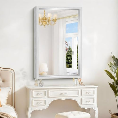 24 x 36 inch Brushed Silver Bathroom Mirror, Metal Framed Rectangle Mirror, 0.6" Thickened Deep Frame Mirrors for Living Room Bedroom Entryway, Tempered Glass, Antirust, Horizontal or Vertical