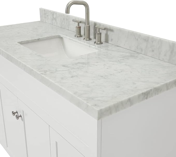 DKB Bradford 54" White Bathroom Vanity, 1.5" Edge Italian Carrara Marble Countertop, Rectangular Undermount Sink, 2 Soft Closing Doors, 4 Dovetail Drawers