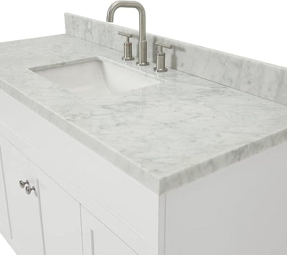 DKB Bradford 54" White Bathroom Vanity, 1.5" Edge Italian Carrara Marble Countertop, Rectangular Undermount Sink, 2 Soft Closing Doors, 4 Dovetail Drawers