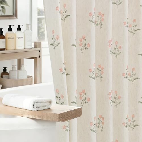 ORTIGIA Linen Shower Curtain Farmhouse Vintage Pink Green Floral Shower Curtains Boho Rustic Block Print Cottagecore Decor for Bathroom 72 W x 72 L