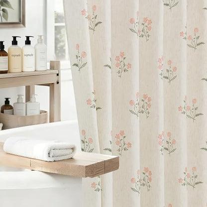 ORTIGIA Linen Shower Curtain Farmhouse Vintage Pink Green Floral Shower Curtains Boho Rustic Block Print Cottagecore Decor for Bathroom 72 W x 72 L