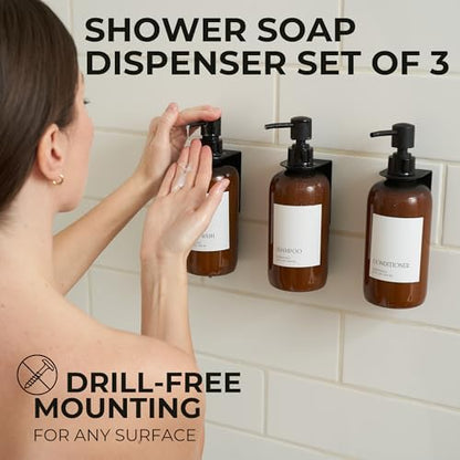 Stylish Shampoo & Conditioner Dispenser Set of 3 - Wall Mount, Drill Free