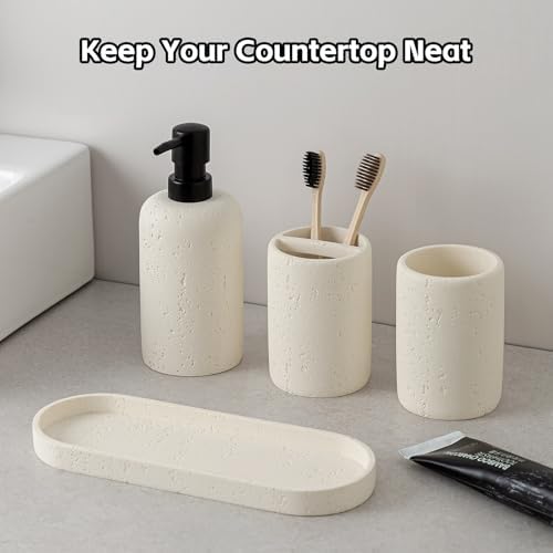 Bathroom Accessories Set,4 PCS Travertine Stone Look Collection,Cream
