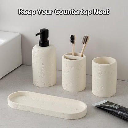 Bathroom Accessories Set,4 PCS Travertine Stone Look Collection,Cream