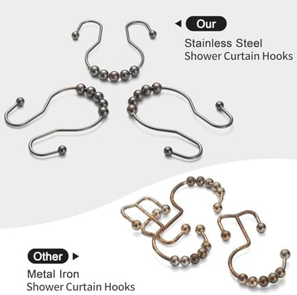 Goowin Shower Curtain Hooks, 12 Pcs Shower Curtain Rings, Stainless Steel Shower Curtain Hangers, Double Hook Shower Curtain Hooks, Smooth Sliding Anti-Drop Shower Rings for Curtain (Bronze)