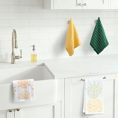 Ritz 4-Piece Kitchen Towel Set, Jacquard Pineapple & Sun Toss Prints with Yellow & Pine Green Textured Terry, Highly Absorbent Cotton Blend, 16" x 26", Tropical Summer Kitchen Decor