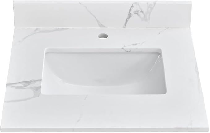 24 in. W x 22 in D Quartz Vanity Top in Calacatta Rocky, Vanity Sink Top with Assembled Single Drop-in Sink, Pre-Drilled Single Faucet Hole Countertop with 4" H Backsplash