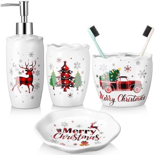 Newtay Christmas 4 Pcs Ceramic Bathroom Accessories Set, Toothbrush Holder