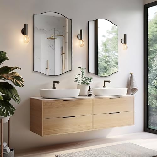 ANDY STAR 24"x36" Black Bathroom Mirror, Rectangle Scalloped Wall Mirror in Stainless Steel Metal Frame, Modern Matte Black Finish with Curved Edge Design, Wall-Mount Vertically or Horizontally