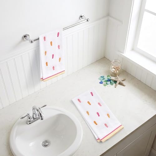 Ritz 2-Piece Cotton Velour Bathroom Hand Towel Set, Embroidered Flip Flop Pattern, Soft Decorative Towels in Warm Pink and Orange, Coastal Tropical Decor, 16” x 26”