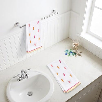 Ritz 2-Piece Cotton Velour Bathroom Hand Towel Set, Embroidered Flip Flop Pattern, Soft Decorative Towels in Warm Pink and Orange, Coastal Tropical Decor, 16” x 26”