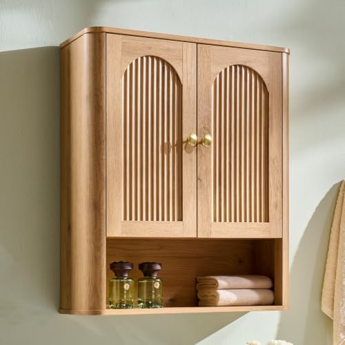Bathroom Fluted Arched Wall Cabinet, 23.6''W Wood Medicine Cabinet, Natural
