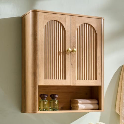 Bathroom Fluted Arched Wall Cabinet, 23.6''W Wood Medicine Cabinet, Natural