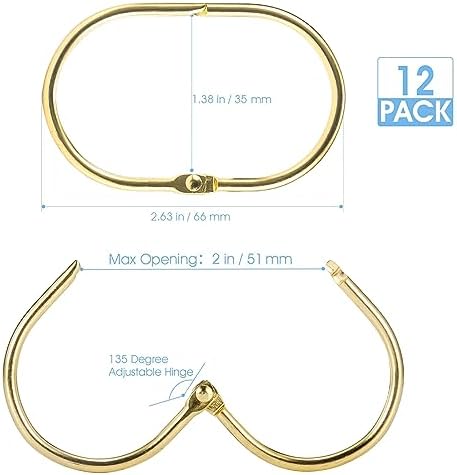 Goowin Shower Curtain Rings, 12 Pcs Shower Curtain Hooks, Oval Snap Shower Rings for Curtain, Metal Gold Shower Curtain Rings Rust Proof, Glide Smoothly Shower Hooks for Shower Curtain Rod (Gold)
