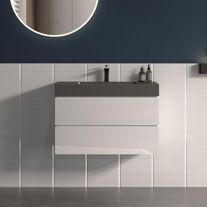30" Floating Bathroom Vanity with Black Sink, Modern Bathroom Cabinet with Top and Soft Close Drawers, Spacious Storage for Small Space, White - Lavanda Collection