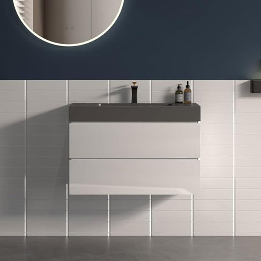 30" Floating Bathroom Vanity with Black Sink, Modern Bathroom Cabinet with Top and Soft Close Drawers, Spacious Storage for Small Space, White - Lavanda Collection