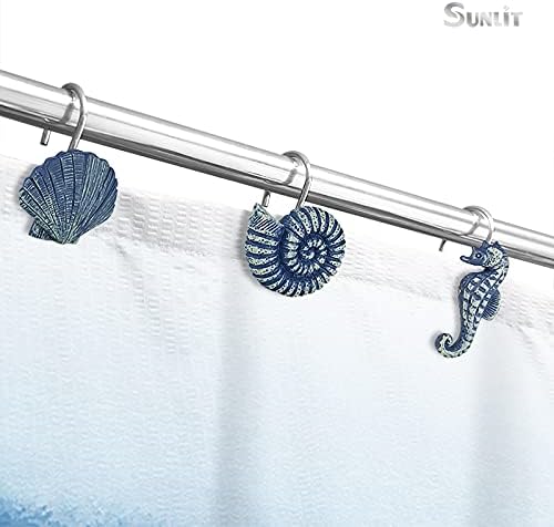 Sunlit Seashells Decorative Shower Curtain Hooks, Blue Ocean Creatures Coastal Shower Curtain Rings, Resin, Nautical Bathroom Decoration Beach Shower Curtain Hooks-12 Pack
