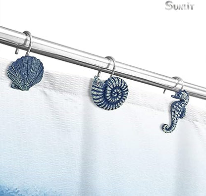 Sunlit Seashells Decorative Shower Curtain Hooks, Blue Ocean Creatures Coastal Shower Curtain Rings, Resin, Nautical Bathroom Decoration Beach Shower Curtain Hooks-12 Pack