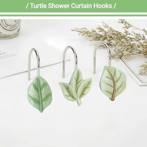 12Pcs Leaves Shower Curtain Hooks Decorative for Curtain Rods, Green Plant Leaf Shower Curtain Rings, Silver Stainless Steel Metal Shower Curtain Hanger Hooks, Cute Eucalyptus Green Bathroom Decor