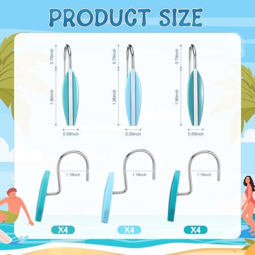 Amyhill 12 Pcs Surfboard Shower Curtain Hooks Decorative Shower Curtain Rings Stainless Steel Resin Sea Theme Bathroom Decor Suitable for Home Bedroom
