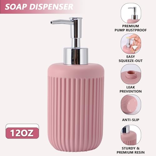 XLHOMO Resin Pink Bathroom Accessories Set 5 Pcs, Lotion Soap Dispenser, Toothbrush Holder, Bathroom Tumbler, Qtip Holder and Vanity Tray, Bathroom Countertop Organizer Set for Modern Home Apartment