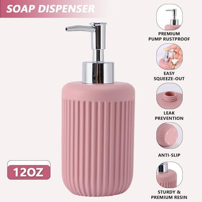 XLHOMO Resin Pink Bathroom Accessories Set 5 Pcs, Lotion Soap Dispenser, Toothbrush Holder, Bathroom Tumbler, Qtip Holder and Vanity Tray, Bathroom Countertop Organizer Set for Modern Home Apartment