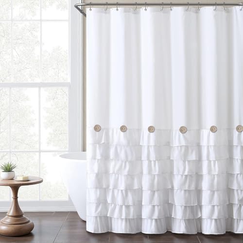 Ruffle Farmhouse Shower Curtain, White Vintage Shower Curtains for Bathroom Fabric Cute Rustic Cloth, 72" W X 84" L Inch