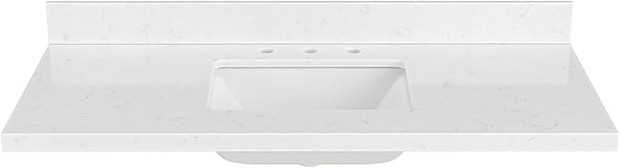 ARIEL 48 inch Bathroom Vanity top with Sink, 1.5 Inch Thick Miter Edge Carrara White Quartz top, Rectangle Single Porcelain Sink, Includes Backsplash