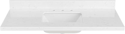 ARIEL 48 inch Bathroom Vanity top with Sink, 1.5 Inch Thick Miter Edge Carrara White Quartz top, Rectangle Single Porcelain Sink, Includes Backsplash