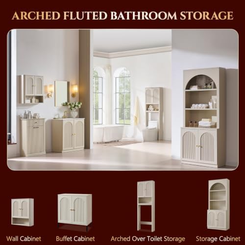 Bathroom Fluted Arched Wall Cabinet, 23.6''W Wood Medicine Cabinet, Cream
