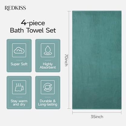 REDKISS Luxury Bath Towels Set of 4, 35x70 in, Highly Absorbent & Quick Dry, Super Soft Extra Large Premium Thick Cotton Blue Bath Sheets for Shower, Hotel, Bathroom, Spa