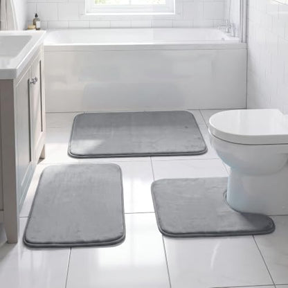 H.VERSAILTEX Bath Mat Memory Foam Set Bathroom Rug Set Flannel Velvety Extra Soft and Absorbent Non Slip Rugs for Bathroom/Bedroom Washable(20"x 32" + 17"x 24" + 20"x 24"U-Shaped, Grey)