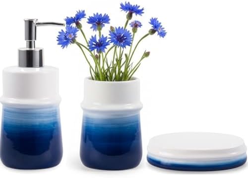 Blue Bathroom Accessories 3 Pcs, Ceramic Bathroom Accessory Set, Navy Blue Bathroom Set Include Dispenser,Soap Dish and Vase, Modern Bathroom Decor
