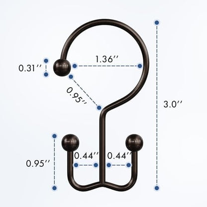 Bathway Shower Curtain Hooks Bronze Shower Curtain Rings, 12 Pcs Double Hook Shower Curtain Hooks Rings Shower Curtain Hangers Rust Proof, Metal Shower Hooks for Bathroom Shower Curtain Rod