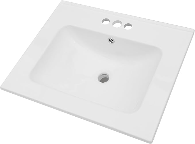 Lordear White Bathroom Sink 3 Holes Drop In 24 X 20 Inch Three Holes Porcelain Ceramic Bathroom Vanity Top Sink Basin 24"