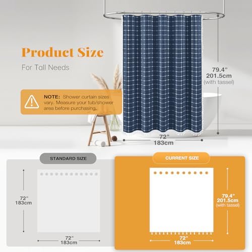 BTTN 72x78 Boho Farmhouse Linen Heavy Duty Fabric Shower Curtain, Navy Blue