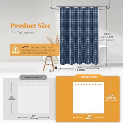 BTTN 72x78 Boho Farmhouse Linen Heavy Duty Fabric Shower Curtain, Navy Blue
