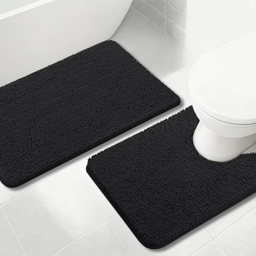 Bathroom Rugs Chenille, Extra Thick and Absorbent, Non-Slip, Machine Washable, Dry Quckily, Soft Cozy Plush, Used Under Shower Bathtub and Sink, Bath mat Sets Black