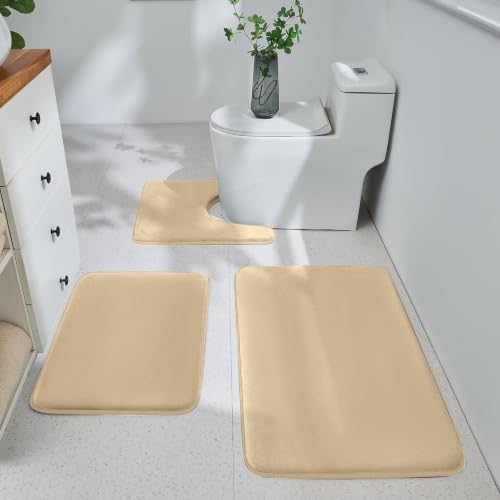 HUXMEYSON 3-Piece Memory Foam Bathroom Rug Set, Khaki