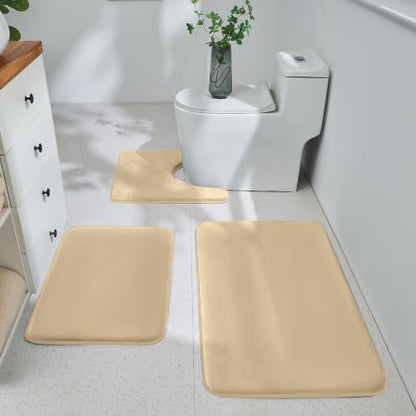 HUXMEYSON 3-Piece Memory Foam Bathroom Rug Set, Khaki