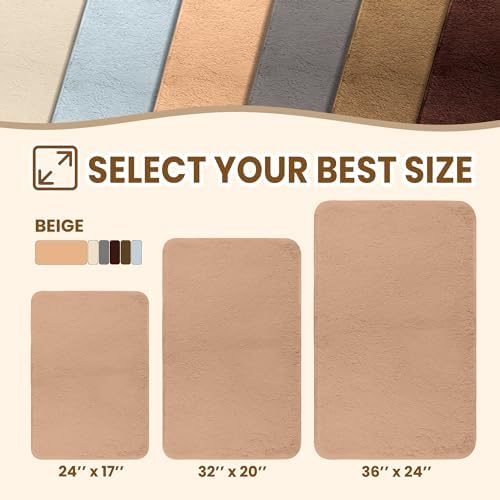 TECHMILLY Fluffy Bathroom Rug Mat 24x17, Absorbent Thick Non Slip Microfiber Mats, Quick Dry Machine Washable Bath Rug for Bathroom Floor, Bathtub and Shower, Beige