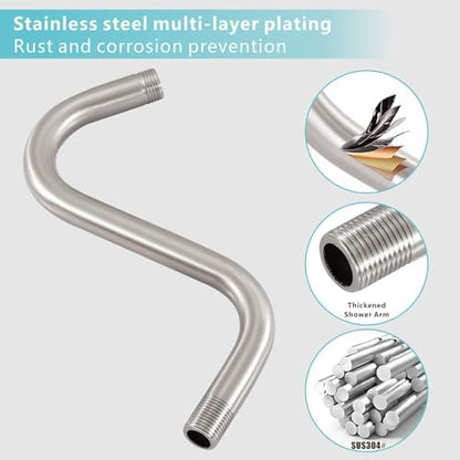 Shower Head Extension Arm with Flange, S Shaped High Rise Gooseneck Showerhead Riser Pipe, Universal Standard 1/2" Connection - Bathroom Accessory (8 Inch, Brushed Nickel)