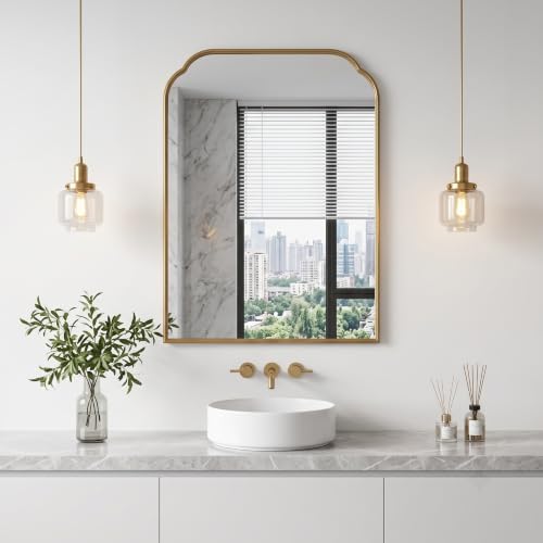 36"x24"﻿ Gold Bathroom Scalloped Mirror, Rust-Proof Metal Frame