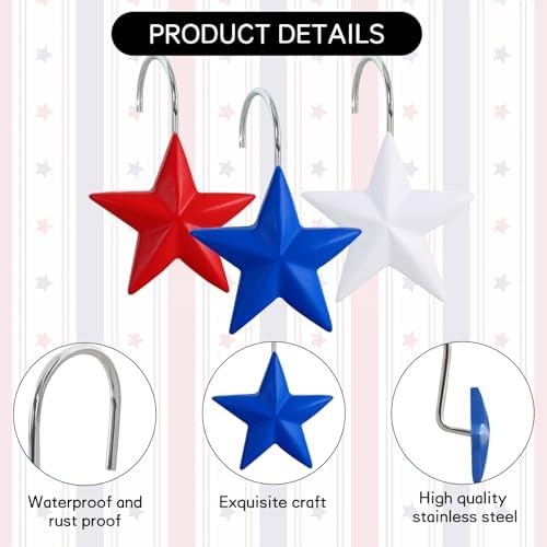 12-Piece 4th of July Red White Blue Stars Shower Curtain Hooks, Fourth of July Patriotic Stainless Steel Decorative Shower Hangers Rings for Bathroom Decor