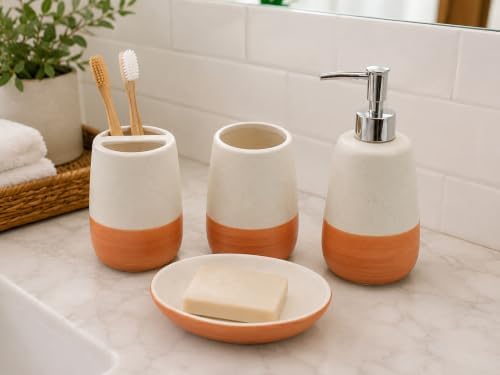 4 Piece Ceramic Bathroom Accessories Set, Soap Dispenser, Toothbrush Holder, Tumbler and Soap Dish, Speckled White & Terracotta Bathroom Counter Set, Modern Boho Farmhouse Decor 2. Product Description